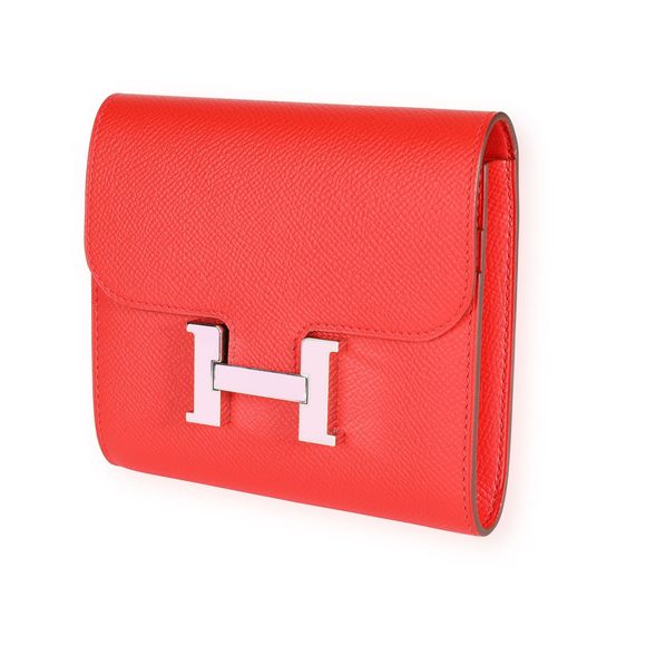 Hermès Rouge De Coeur Epsom & Rose Sakura Enamel Compact Constance Wallet PHW - Picture 2 of 8